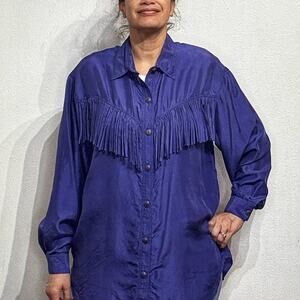 Margo's Blue Silk Fringe Oversized Vintage Blouse Sz M
